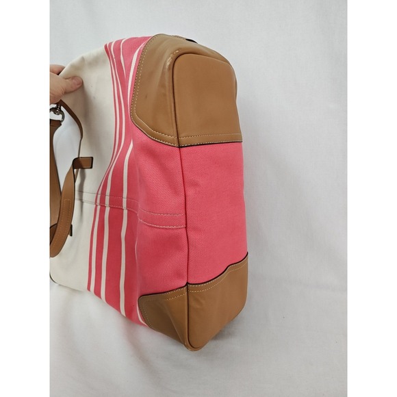 Coach Hadley Variegated Coral & Beige Striped Canvas Leather Tote Bag F30302 - Picture 4 of 16